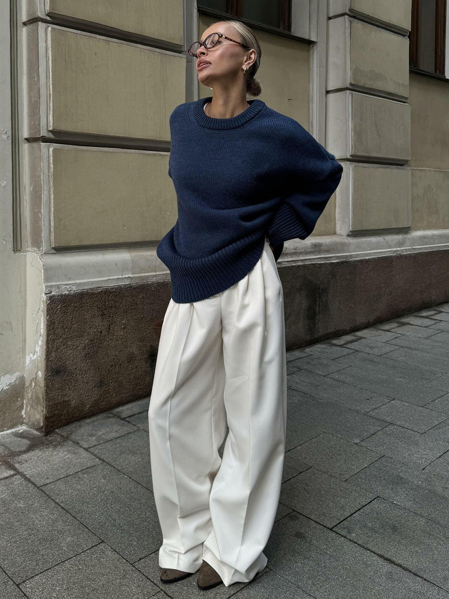 Slouchy Oversized Crew Neck Sweater in Navy — full-length view with white trousers