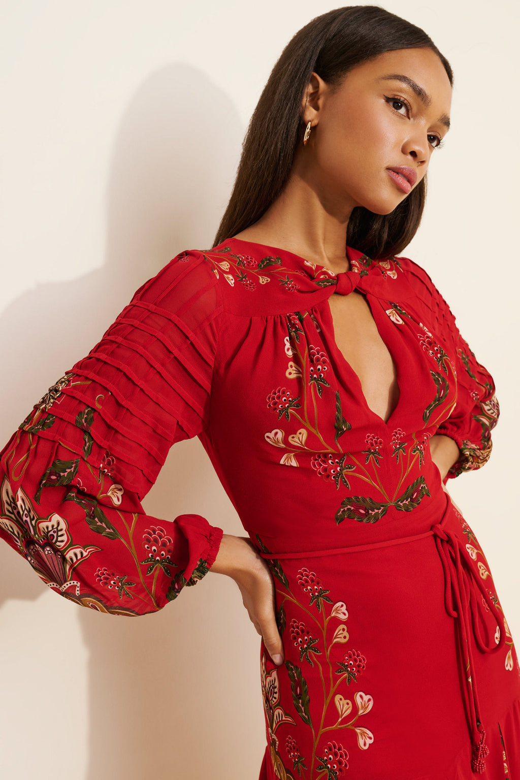 Floral Print Keyhole Midi Dress with Balloon Sleeves in Red — close-up of the balloon sleeve and print