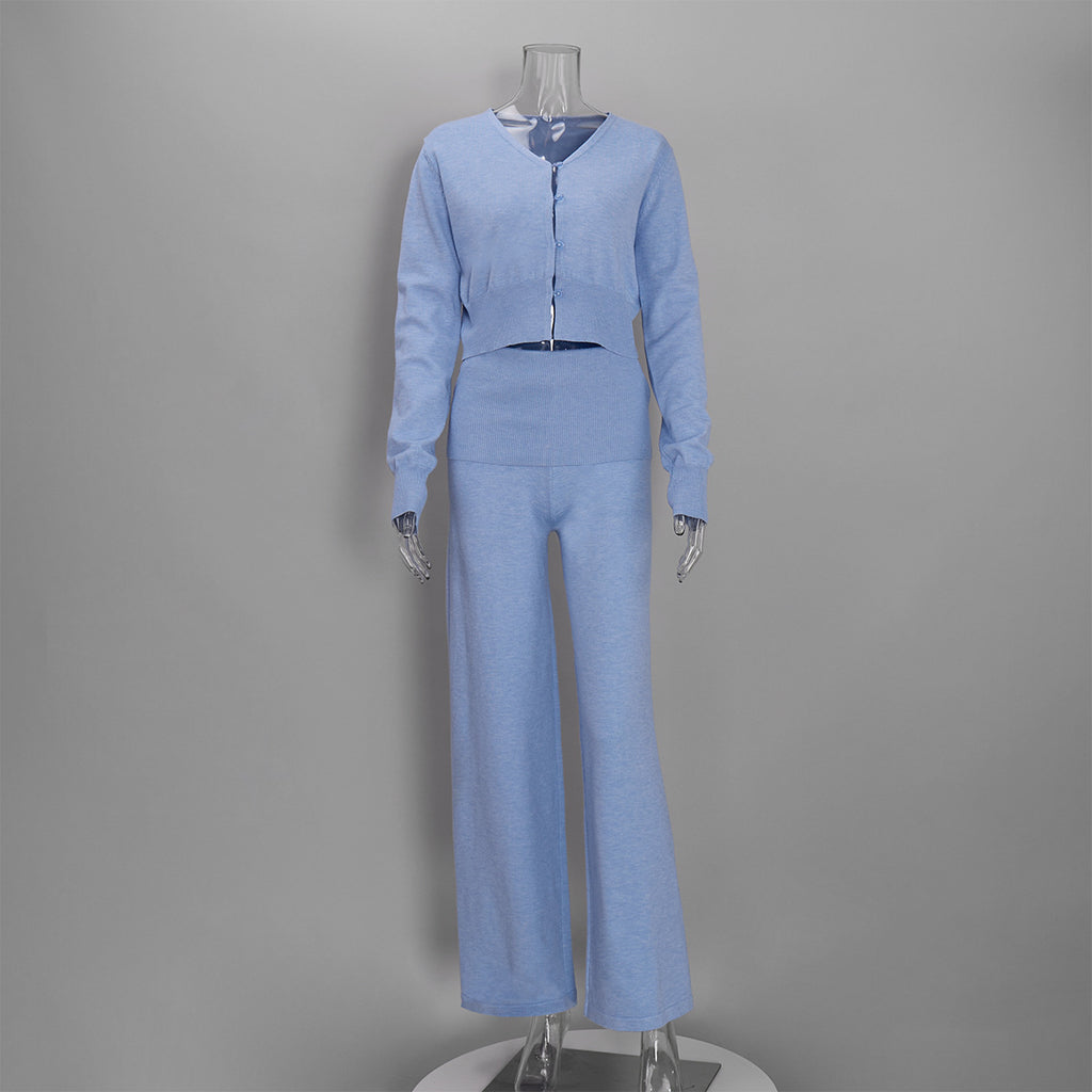 Cropped Button Cardigan & Fold-Over Waist Wide-Leg Knit Pants Set in Sky Blue — set front view