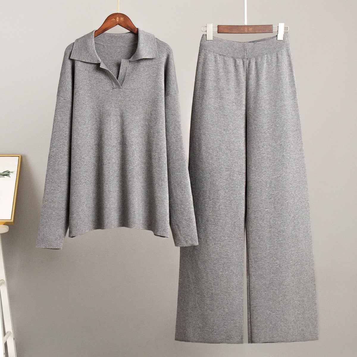 Polo Collar Knit Sweater & Wide-Leg Pants Set in Heather Gray — front view