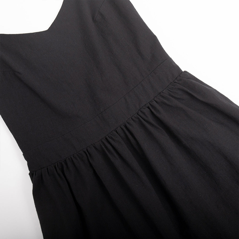 Tie-Shoulder Open-Back Cotton Mini Dress in Black — close-up of gathered skirt