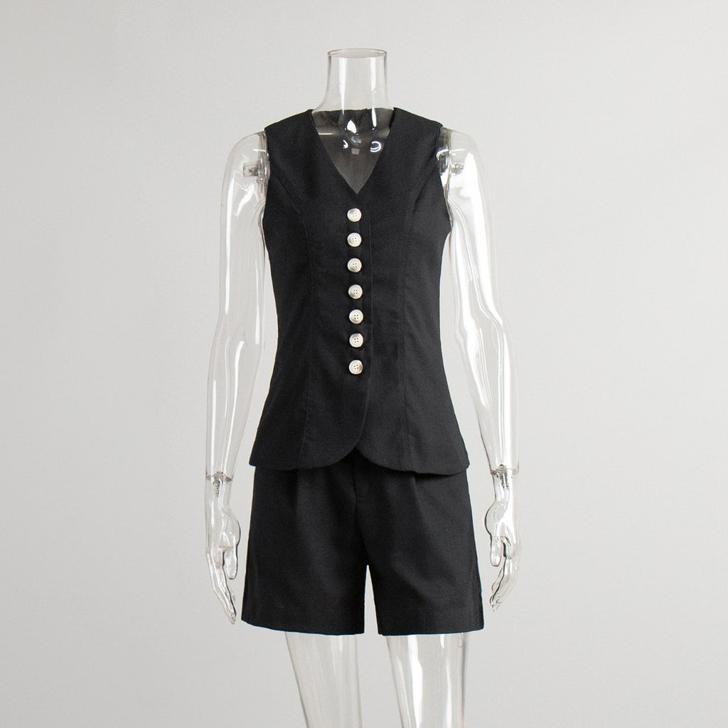 Linen-Blend Vest & Pleated Shorts Set in Black — set front view on mannequin