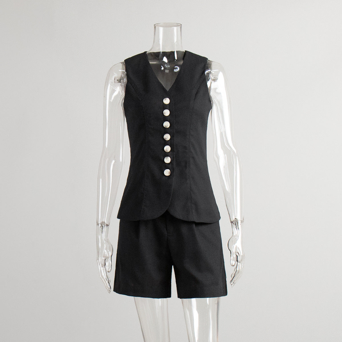 Linen-Blend Vest & Pleated Shorts Set in Black — set front view on mannequin