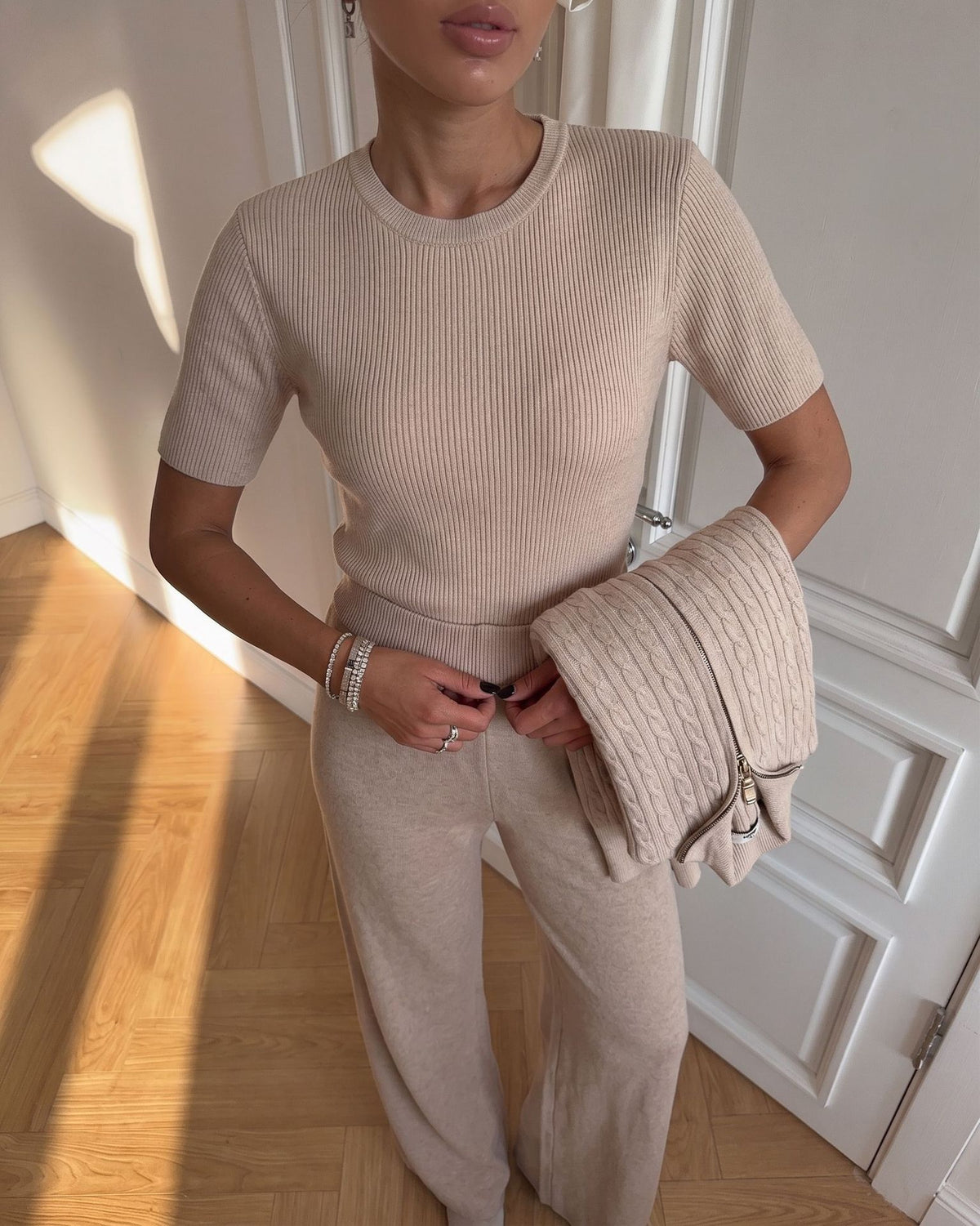 Three-Piece Cable Knit Cardigan Top and Pants Set in Beige — short-sleeve top and pants