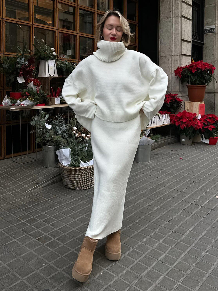 Oversized Turtleneck Sweater & Knit Maxi Skirt Set in Ivory — full-length front view on model