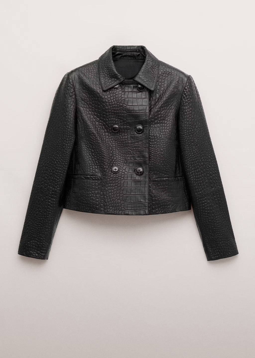 Cropped Double-Breasted Faux Leather Jacket in Black — front view, cut out