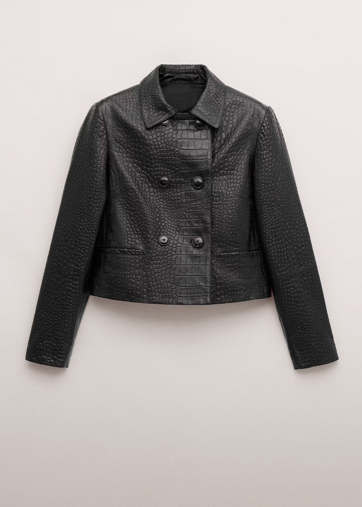 Cropped Double-Breasted Faux Leather Jacket in Black — front view, cut out