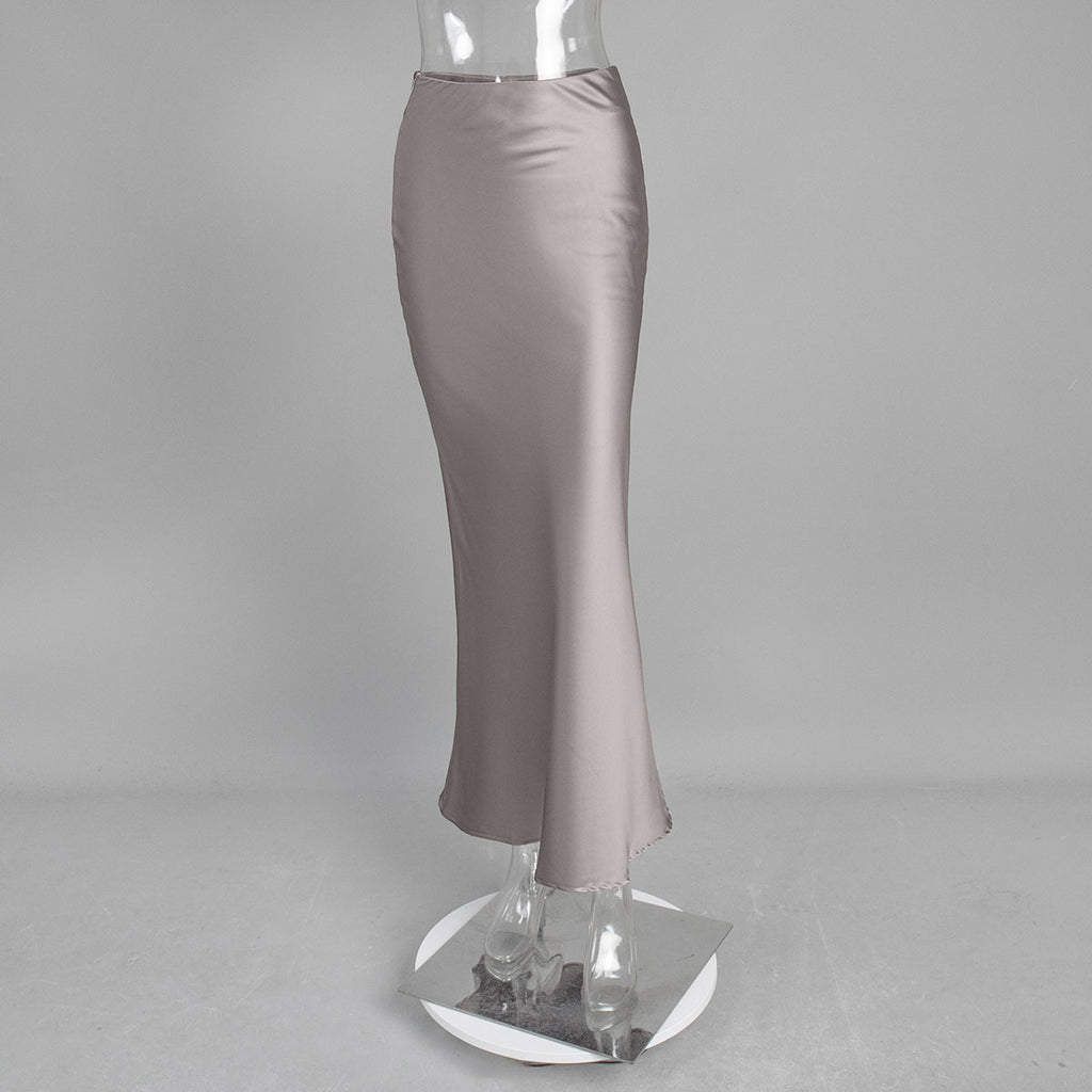 Satin Fishtail Maxi Skirt in Champagne Taupe — front view on mannequin