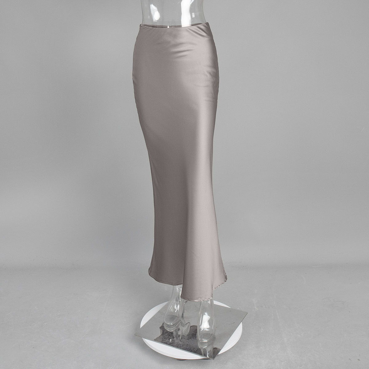 Satin Fishtail Maxi Skirt in Champagne Taupe — front view on mannequin
