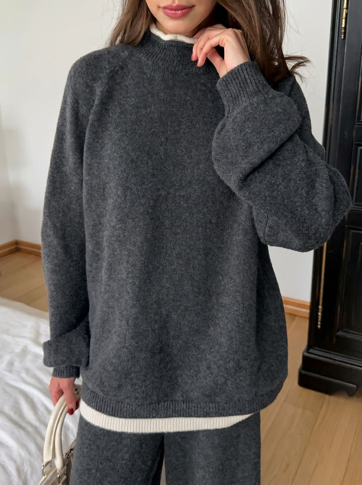 Oversized Wool-Blend Sweater & Wide-Leg Knit Pants Set with Contrast Trim in Charcoal — close view on model