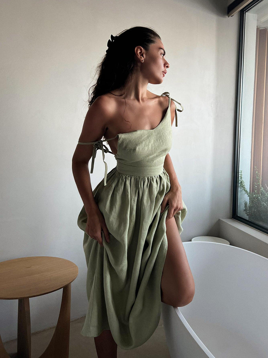 Tie-Shoulder Open-Back Cotton Maxi Dress in Sage Green — on model, indoor