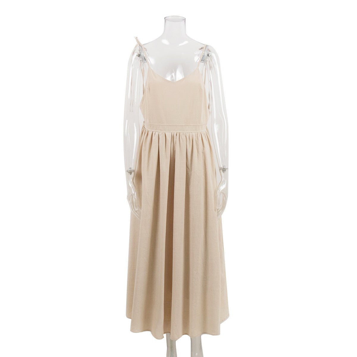 Tie-Shoulder Open-Back Cotton Maxi Dress in Apricot — front view on mannequin