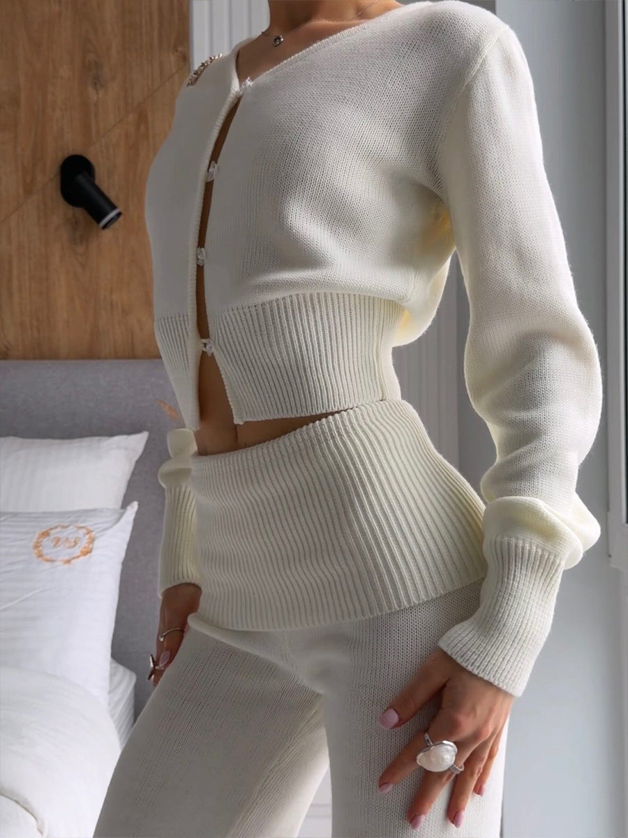 Cropped Button Cardigan & Fold-Over Waist Wide-Leg Knit Pants Set in Ivory — close-up of the cardigan on model