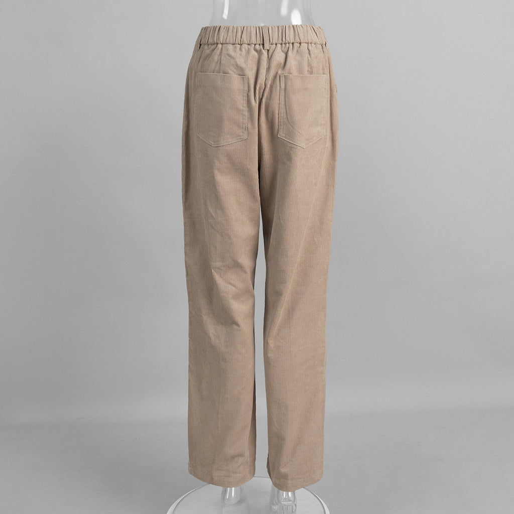 Cotton Corduroy Wide-Leg Pants with Pintuck Front in Light Khaki — pants back view