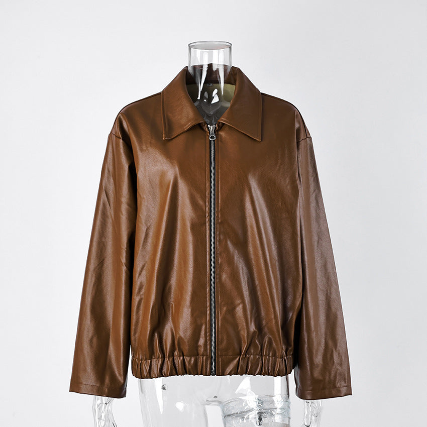 Faux Leather Bomber Jacket with Point Collar in Brown — front view on mannequin