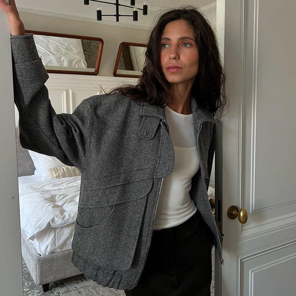 Herringbone Wool-Blend Cropped Jacket with Stand Collar in Charcoal Herringbone — on model with black trousers