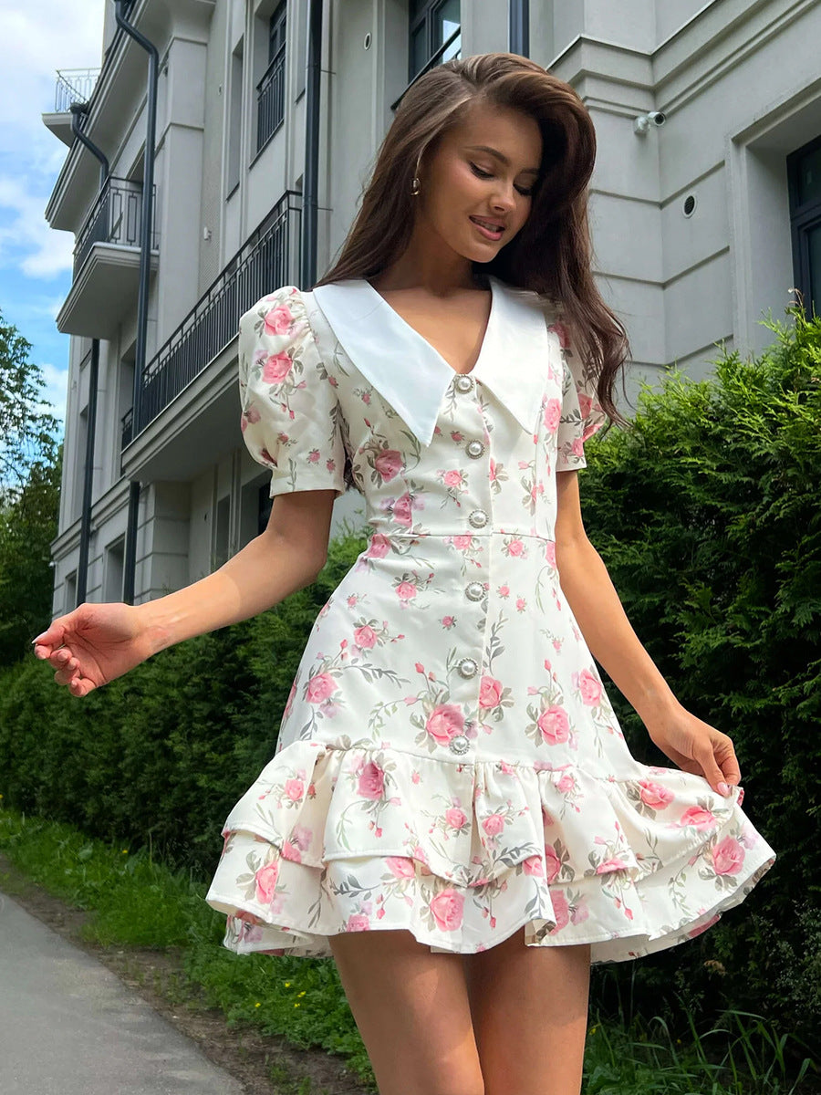 Floral Puff-Sleeve Mini Dress with Contrast Collar in Cream Floral — on model outdoors