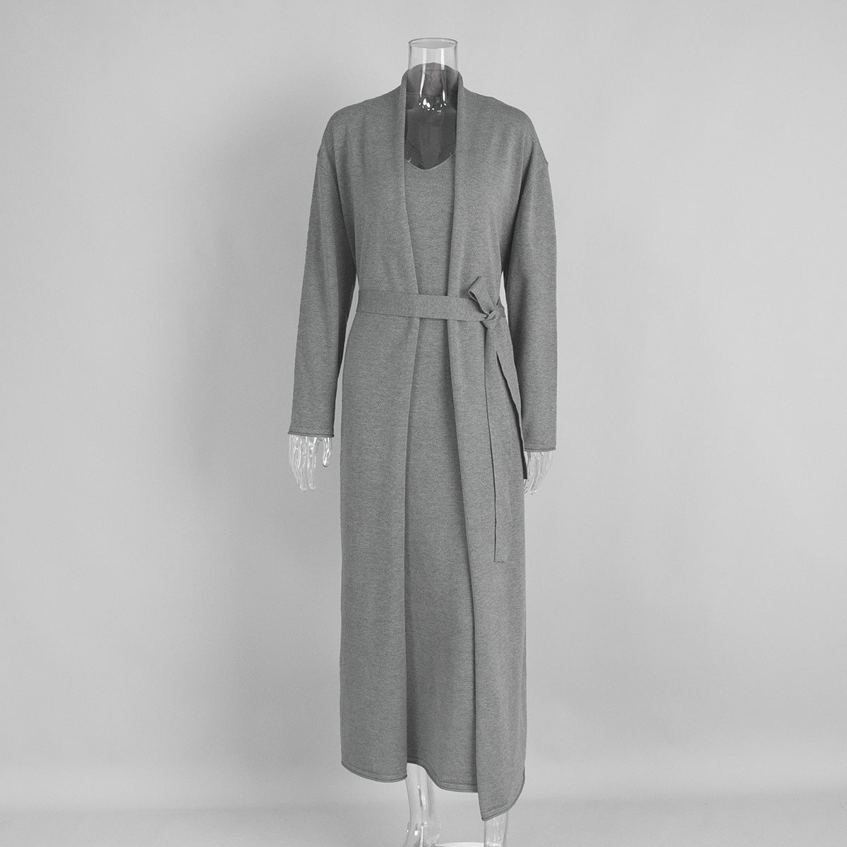 Long Belted Knit Cardigan & Maxi Slip Dress Set in Charcoal Gray — front view