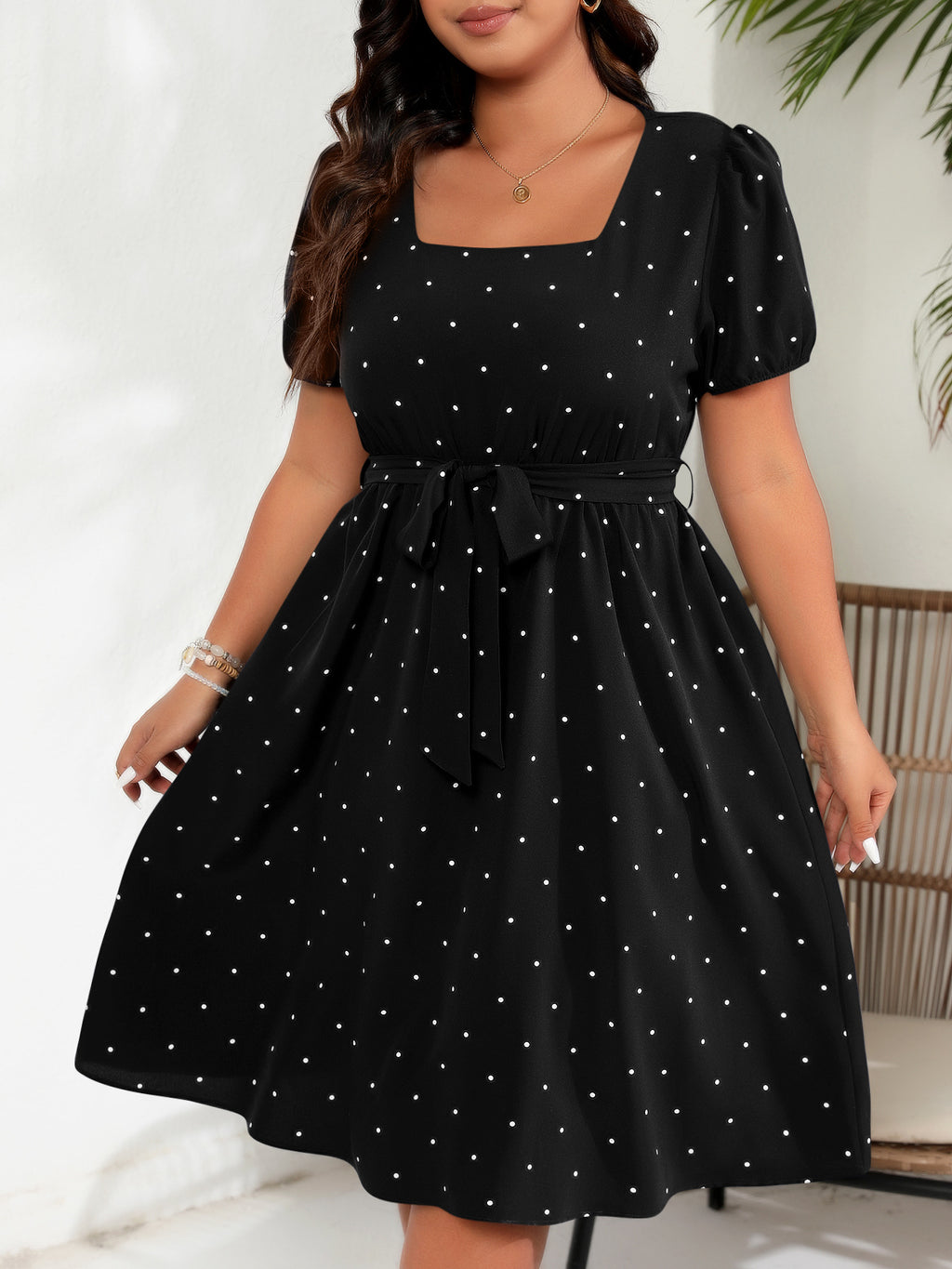 Plus-Size Polka Dot Square-Neck Midi Dress with Tie Waist in Black — front view on model