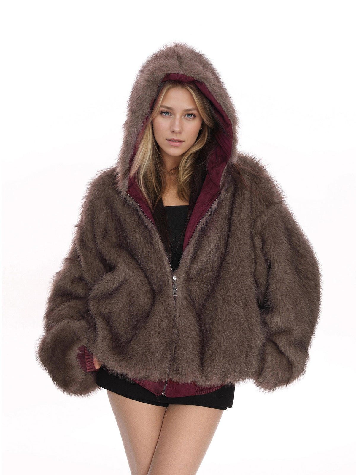 Reversible Faux Fur Hooded Jacket with Suede-Look Shell in Burgundy — worn reversed, brown faux fur side out