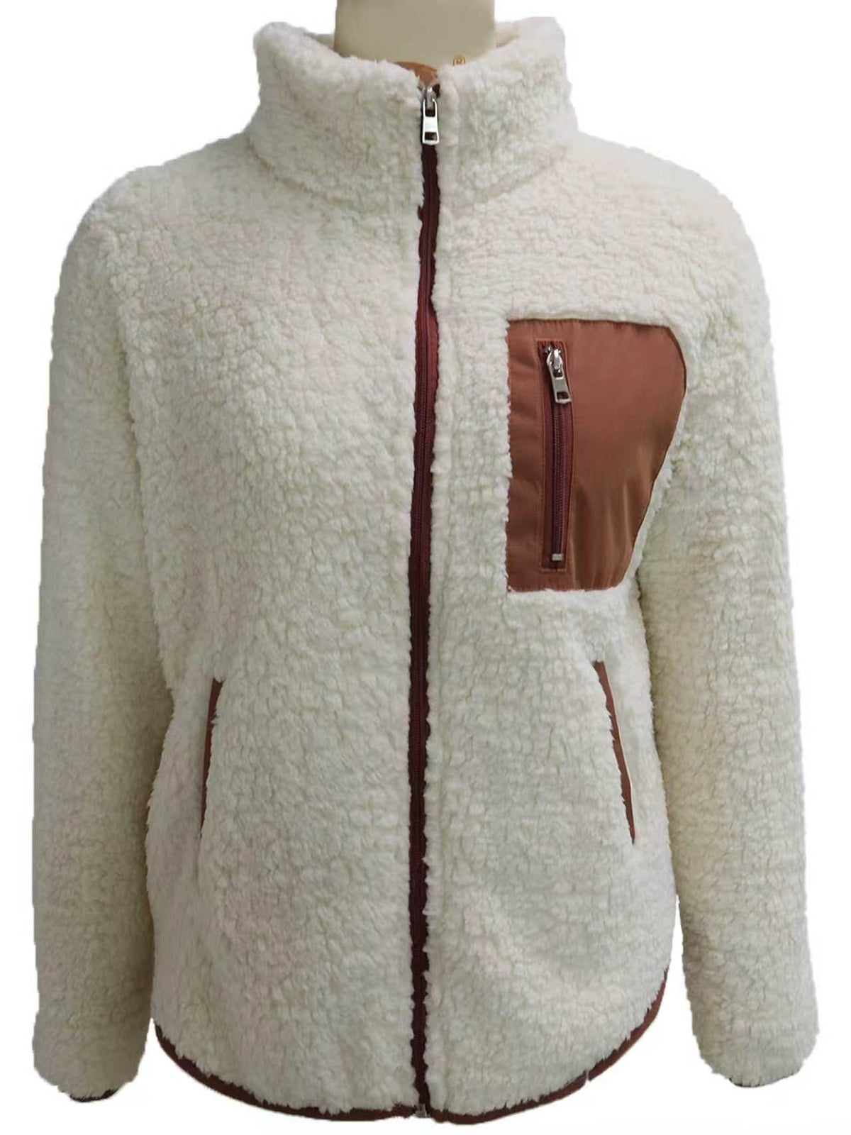 Teddy Fleece Zip-Up Jacket with Contrast Pockets in Ivory — front view on mannequin
