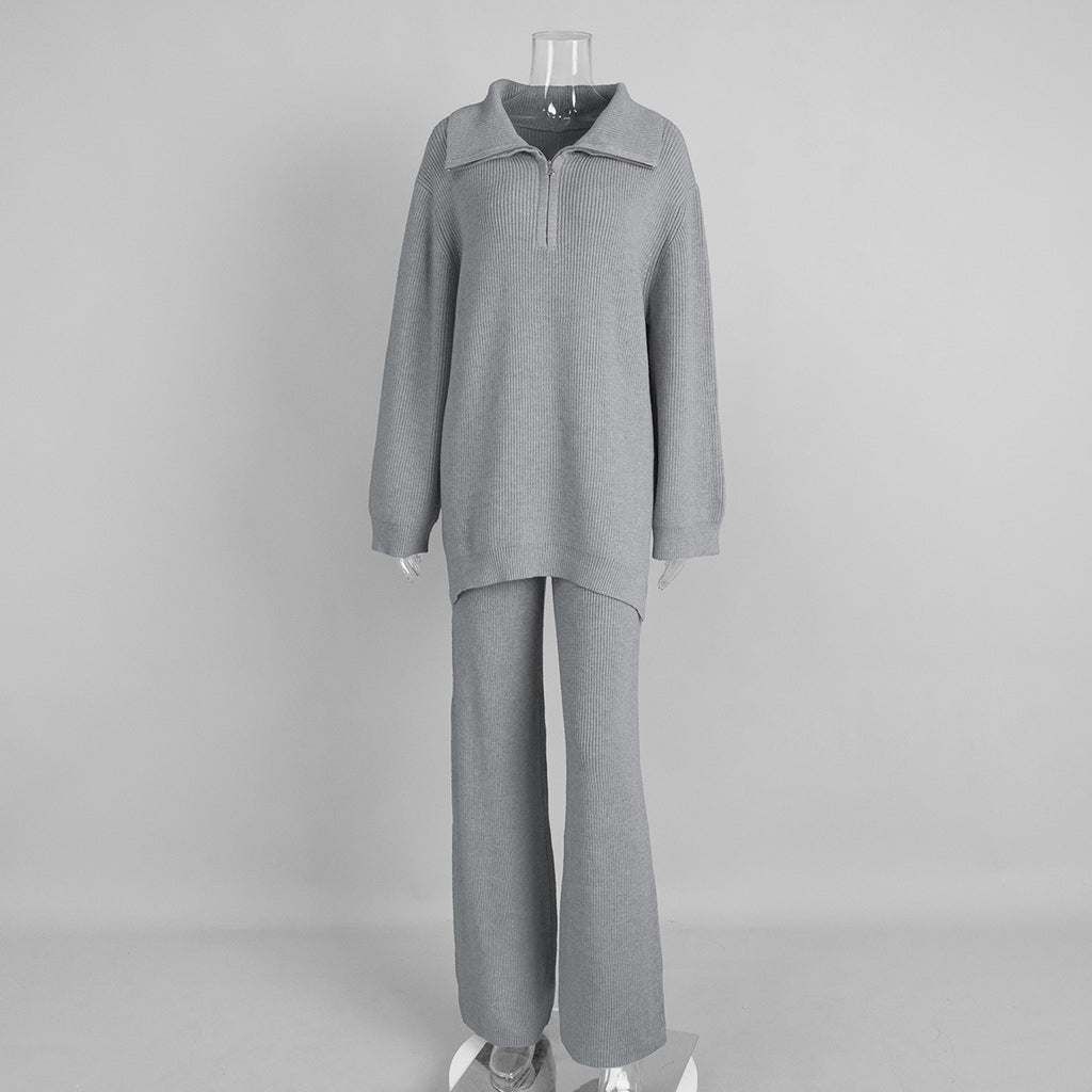 Half-Zip Polo Knit Sweater & Wide-Leg Pants Set in Heather Gray — set front view