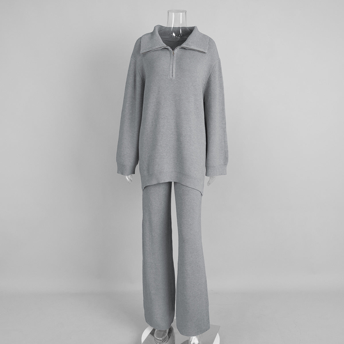 Half-Zip Polo Knit Sweater & Wide-Leg Pants Set in Heather Gray — set front view