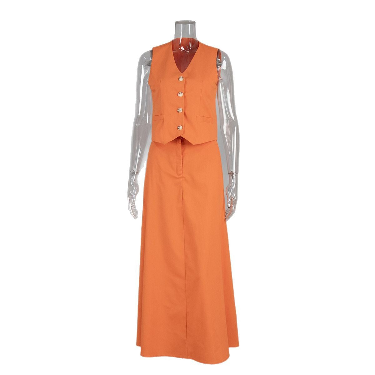 Linen Vest & Maxi Skirt Set in Orange — front view on mannequin