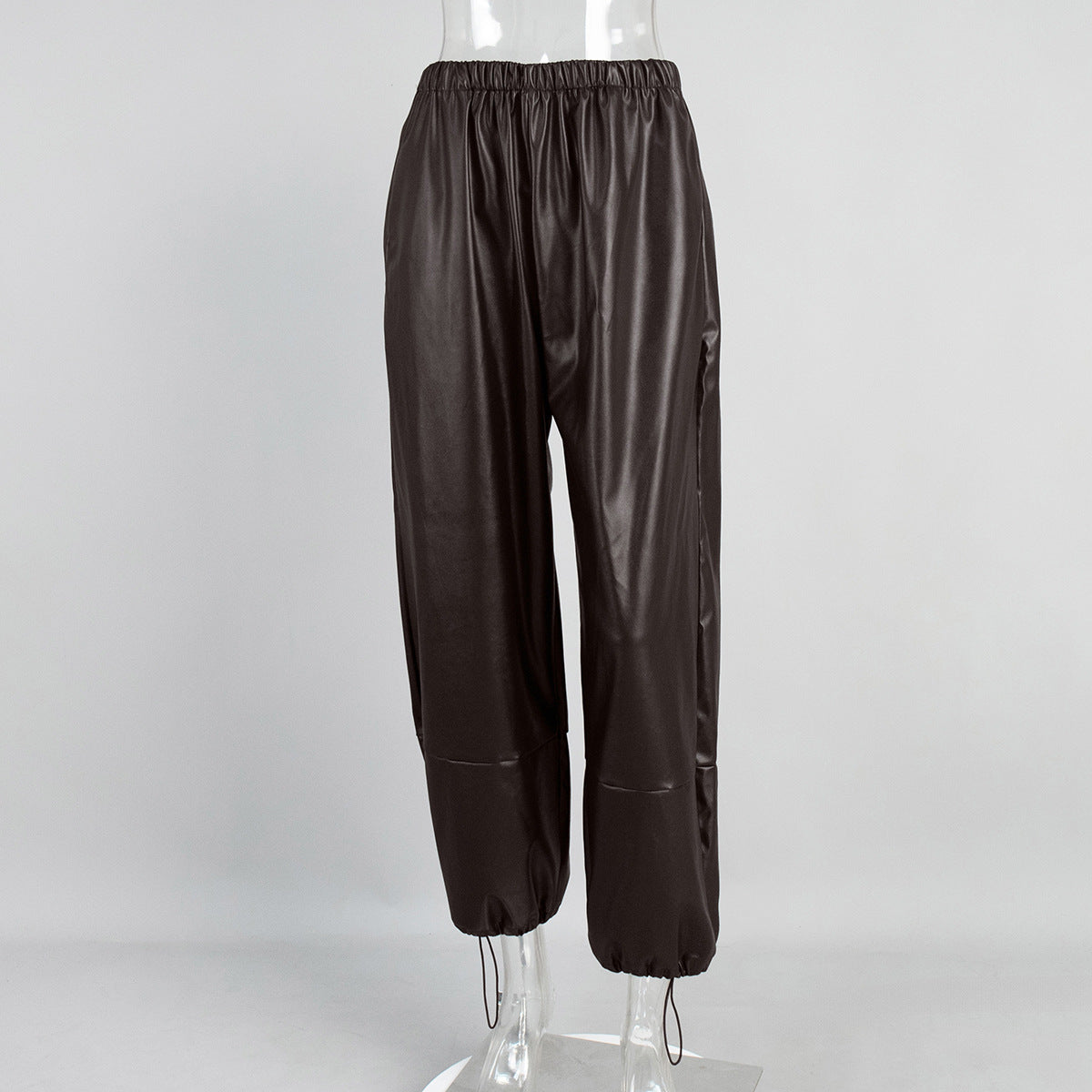 Faux Leather Balloon Pants with Drawstring Ankles in Dark Brown — front view