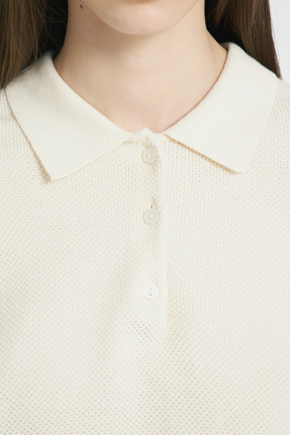 Relaxed Polo Collar Knit Sweater in Ivory — close-up of the collar and placket