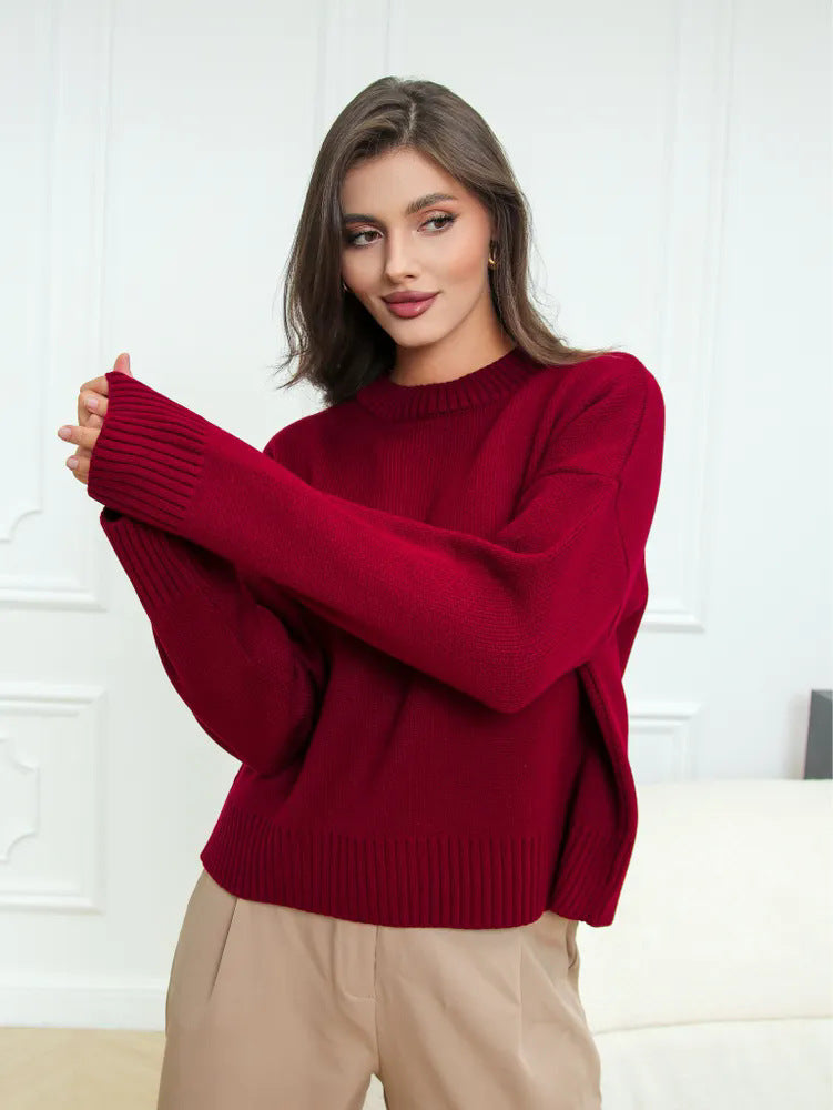 Relaxed Crew-Neck Knit Sweater in Burgundy — view on model