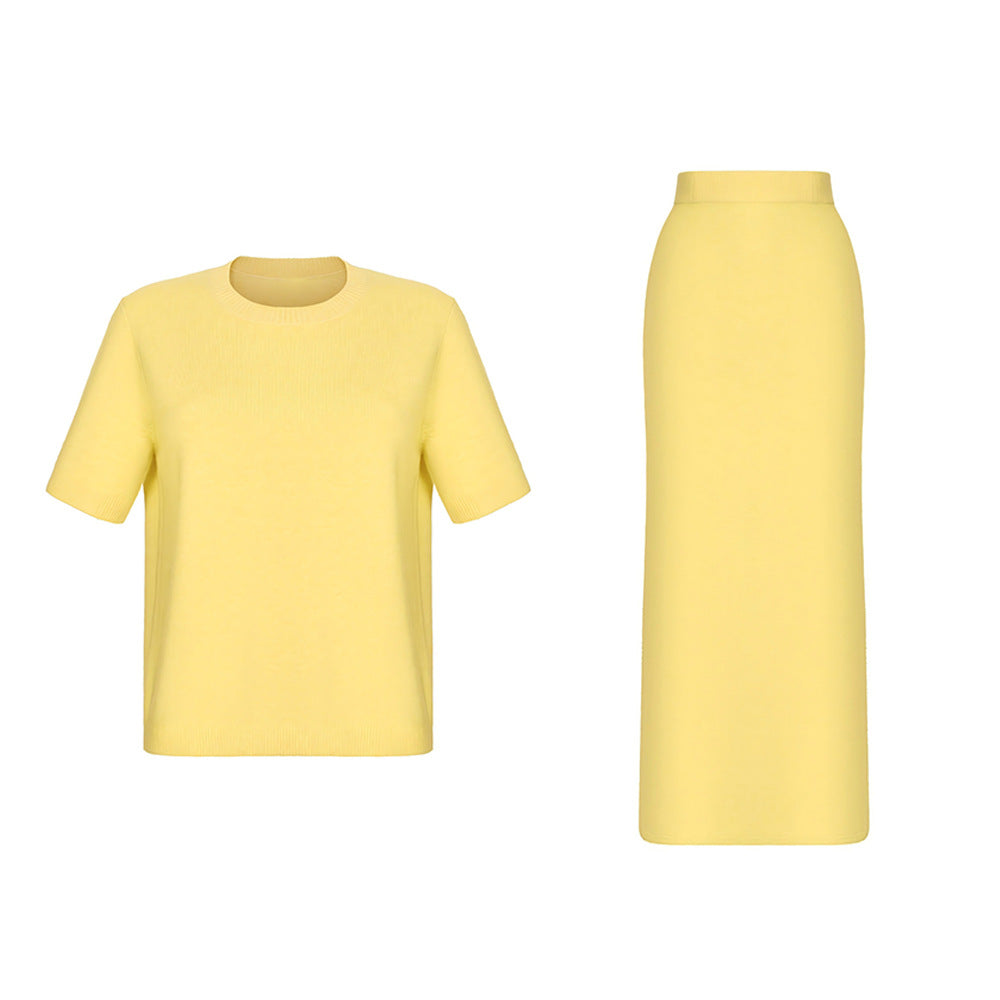 Short Sleeve Knit Top & Maxi Skirt Set in Butter Yellow — top and skirt laid out