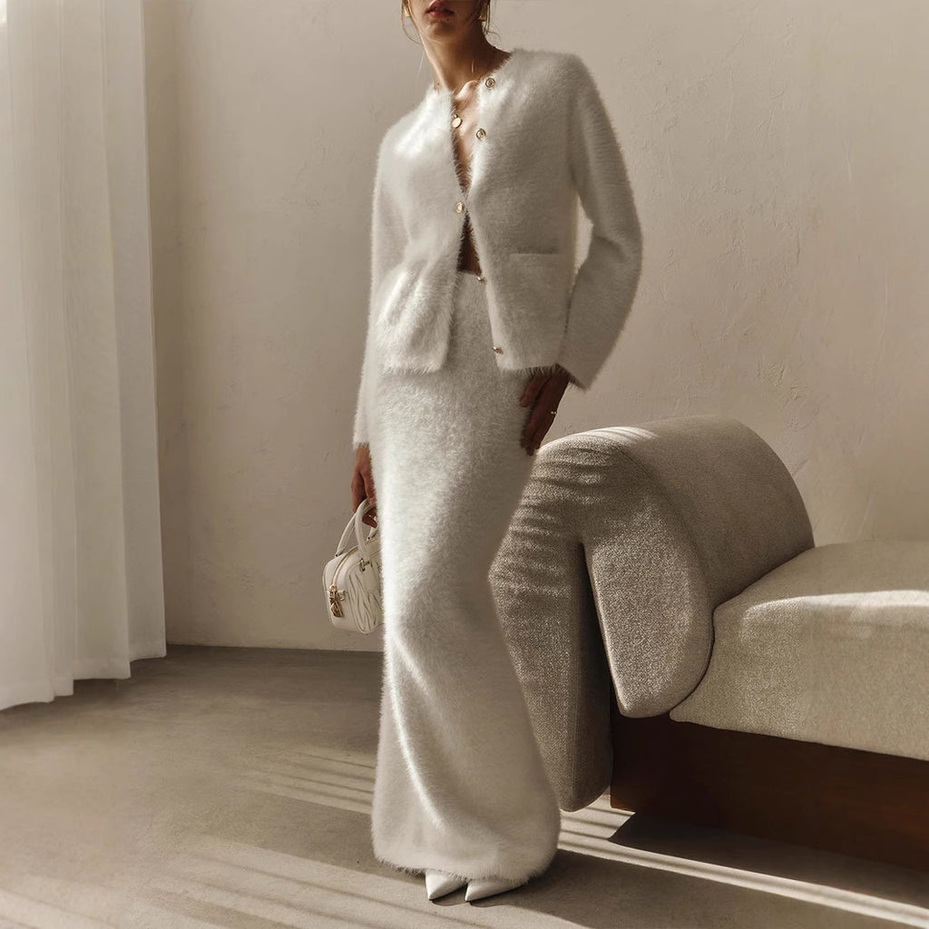 Fuzzy Knit Button Cardigan & Maxi Skirt Set in Winter White — set worn on model