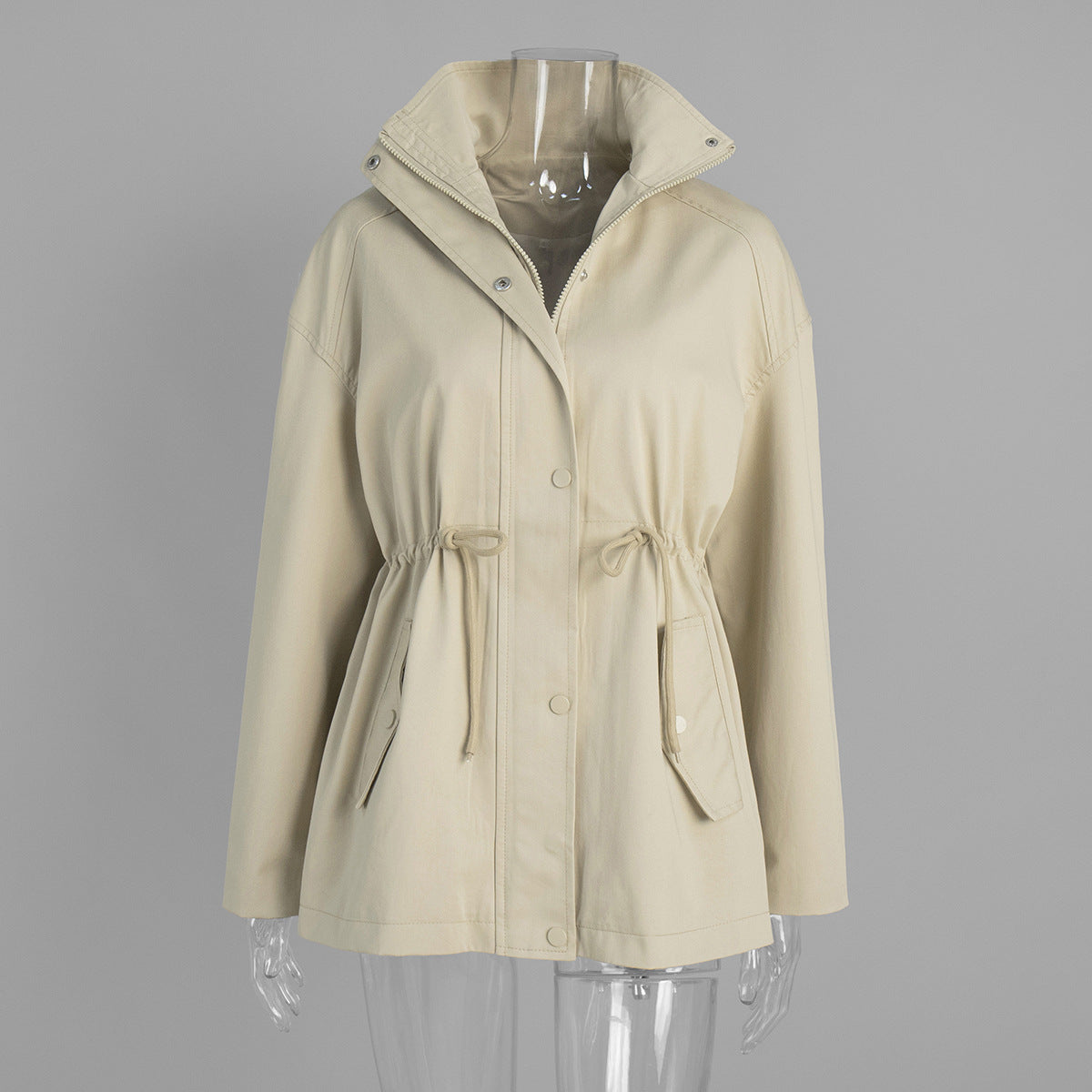 Cotton Drawstring Waist Jacket with Stand Collar in Sand — front view