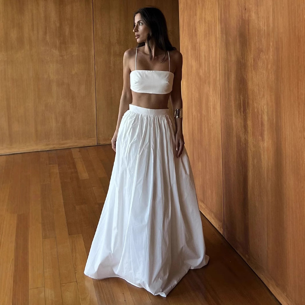 Cotton Crop Camisole & Gathered Maxi Skirt Set in White — front view on model