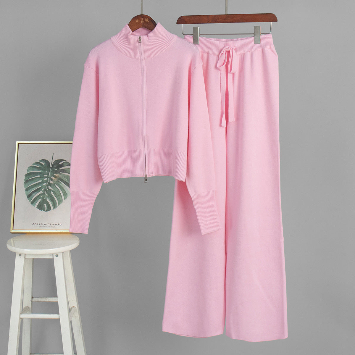 Knit Zip-Up Jacket & Wide-Leg Pants Two-Piece Set in Baby Pink — front view