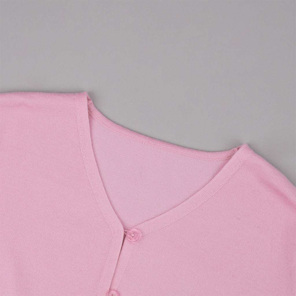 Cropped Button Cardigan & Fold-Over Waist Wide-Leg Knit Pants Set in Blush Pink — close-up of the V-neck