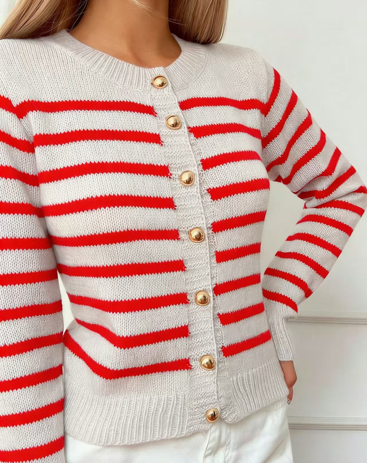 Striped Crew-Neck Cardigan with Gold Buttons in Cream & Red — front view on model