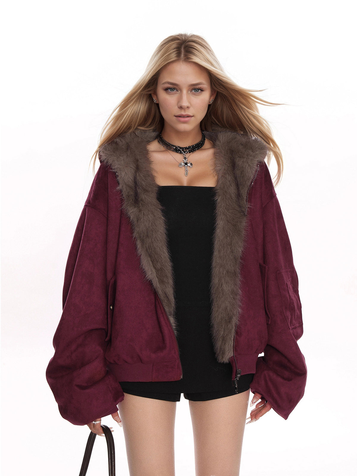 Reversible Faux Fur Hooded Jacket with Suede-Look Shell in Burgundy — worn open on model, showing the faux fur lining