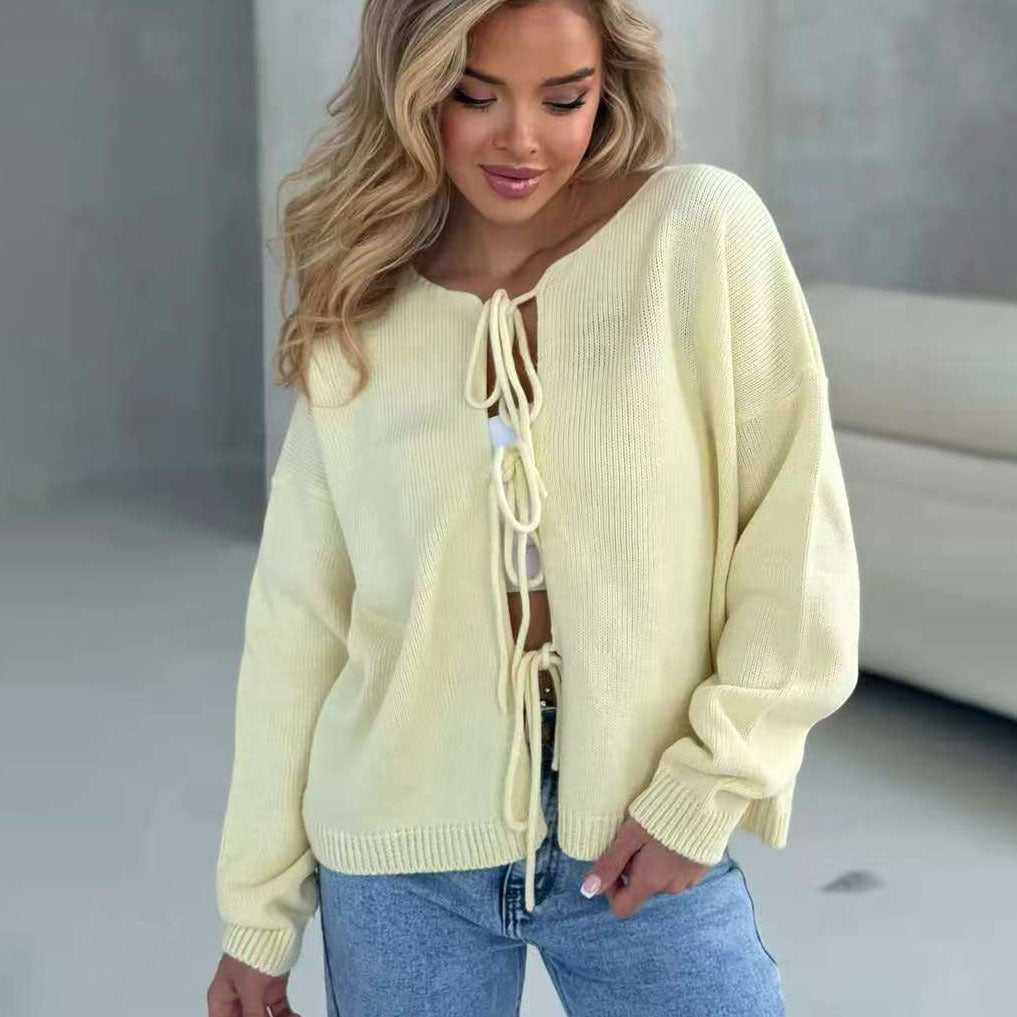 Round Neck Tie-Front Knit Cardigan in Butter Yellow — front view on model