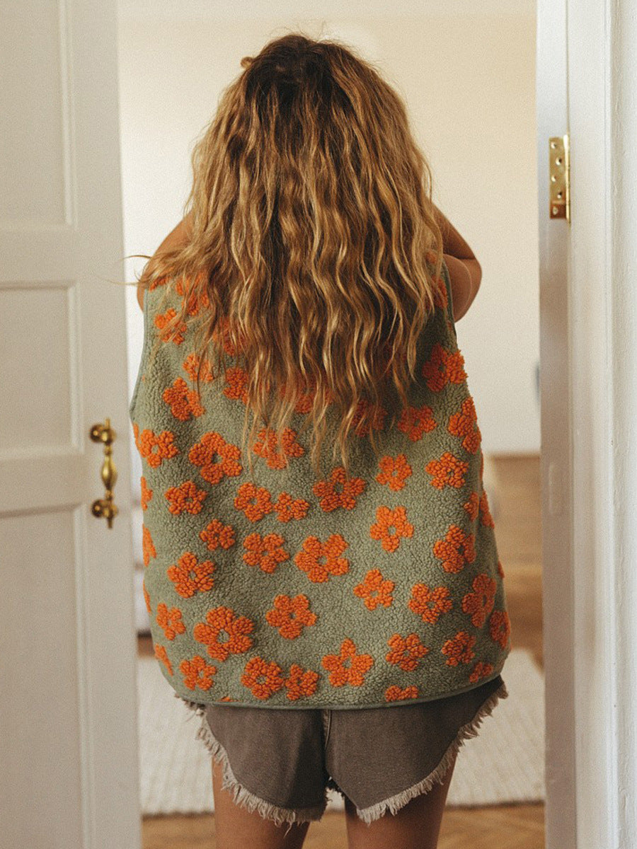 Floral Sherpa Fleece Button Vest with Pockets in Sage & Orange Floral — back view on model
