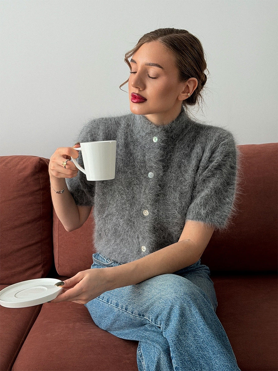 Fuzzy Knit Short Sleeve Cardigan with Mock Neck in Heather Gray — front view