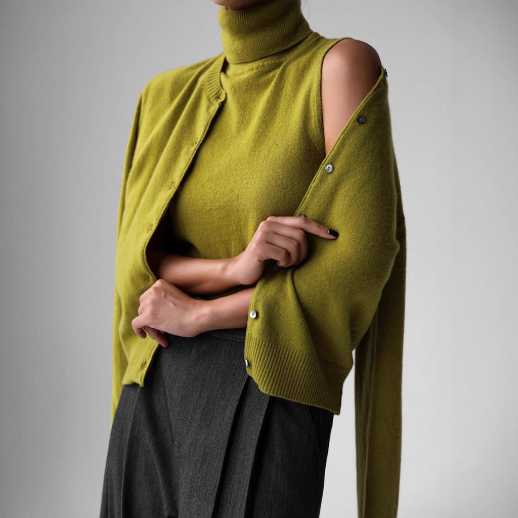 Sleeveless Turtleneck Knit Top & Cardigan Twin Set in Olive Green — set on model with cardigan draped