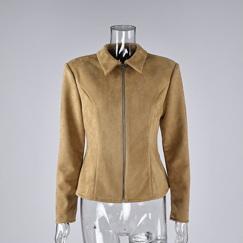 Fitted Faux Suede Zip Jacket with Peplum Hem in Camel — front view on mannequin