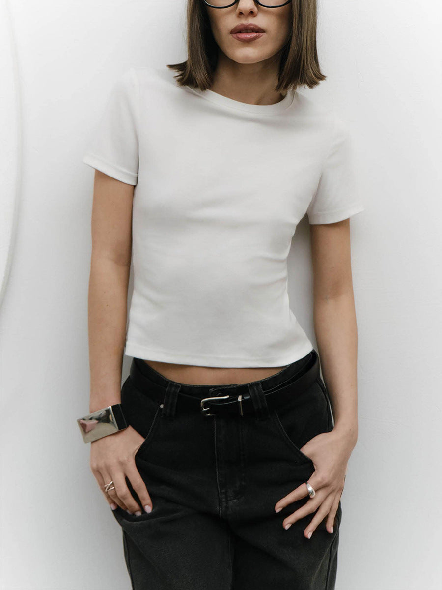 Slim Ribbed Short Sleeve Baby Tee in Black — on model