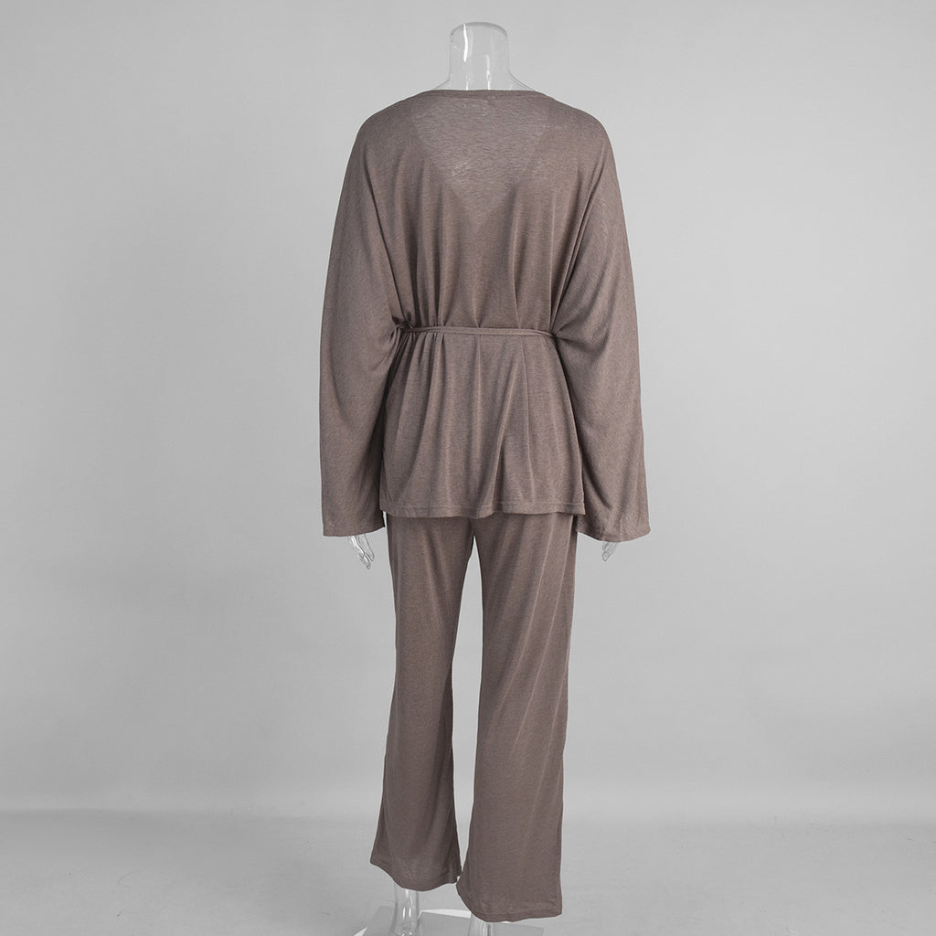 Wrap Tie Top & Wide-Leg Lounge Pants Set in Cocoa — back view on mannequin