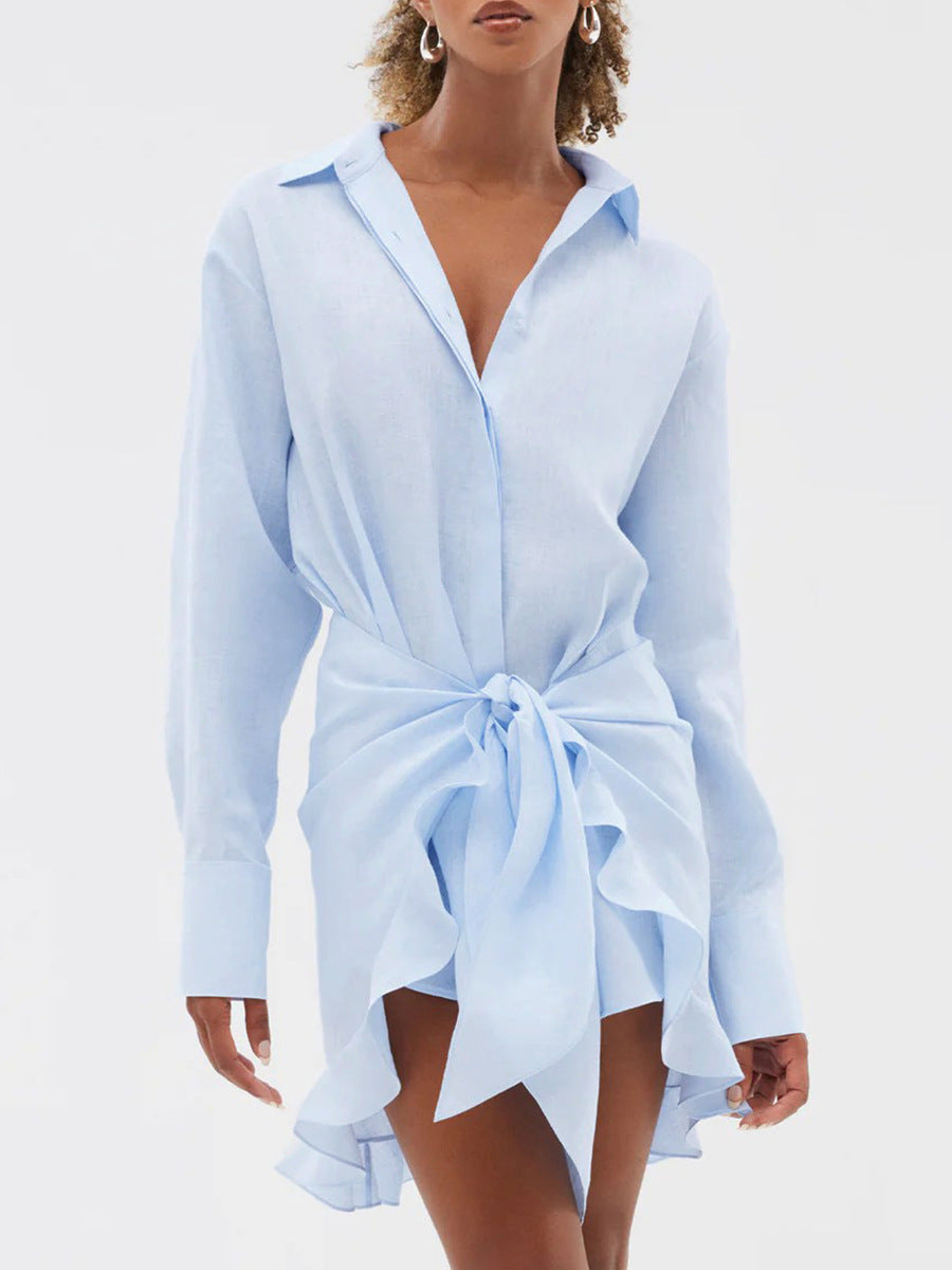 Tie-Front Cotton Mini Shirt Dress in Light Blue — on model, studio