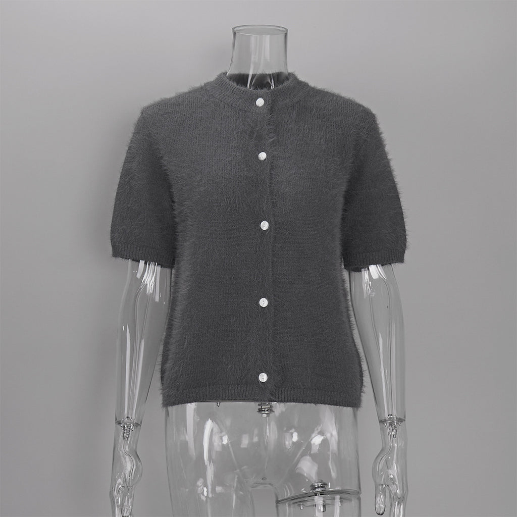 Fuzzy Knit Short Sleeve Cardigan with Mock Neck in Charcoal — front view on mannequin