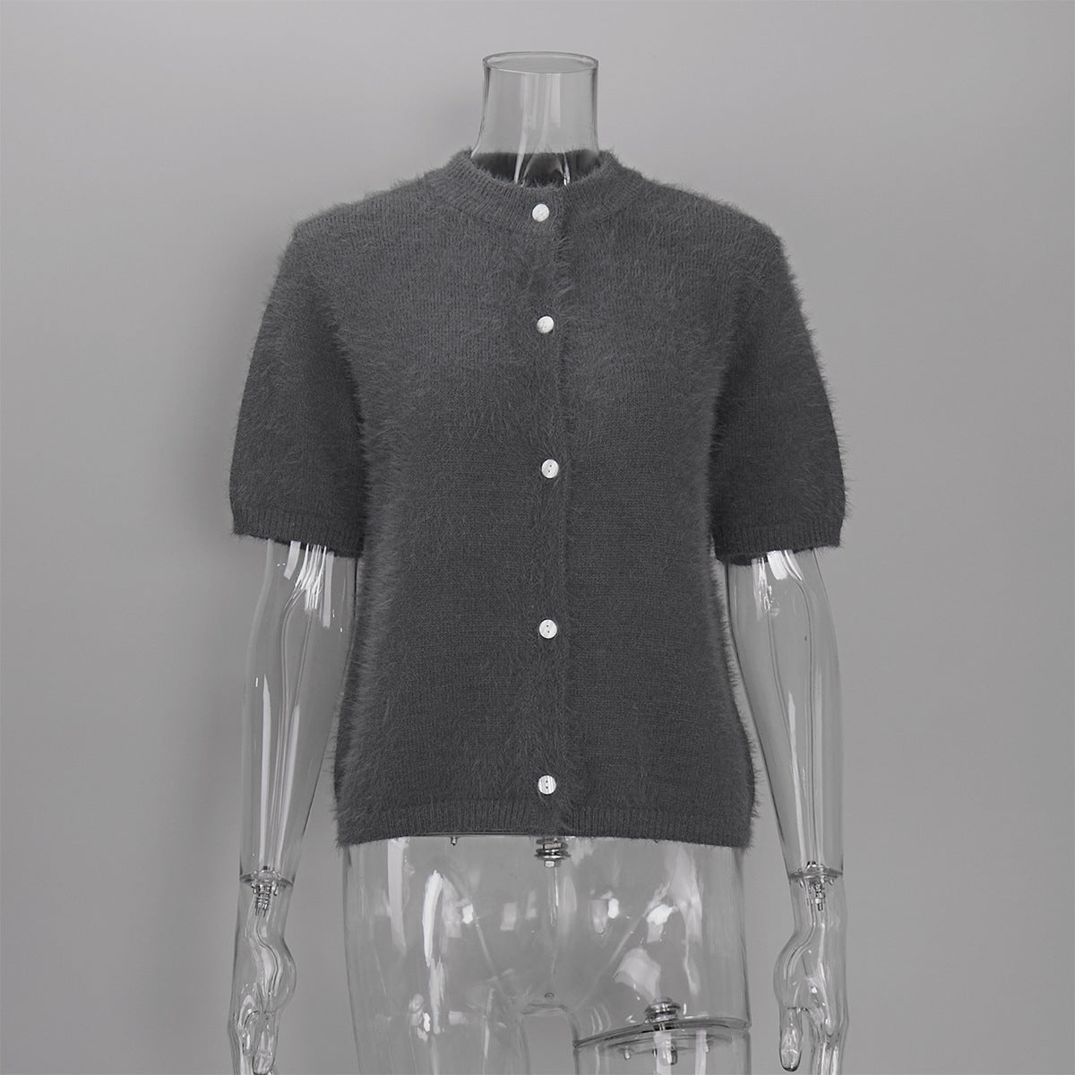 Fuzzy Knit Short Sleeve Cardigan with Mock Neck in Charcoal — front view on mannequin