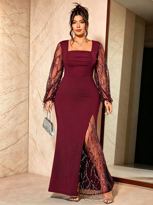 Plus-Size Mermaid Maxi Gown with Sequin-Fringe Mesh Sleeves in Burgundy — full-length front view on model